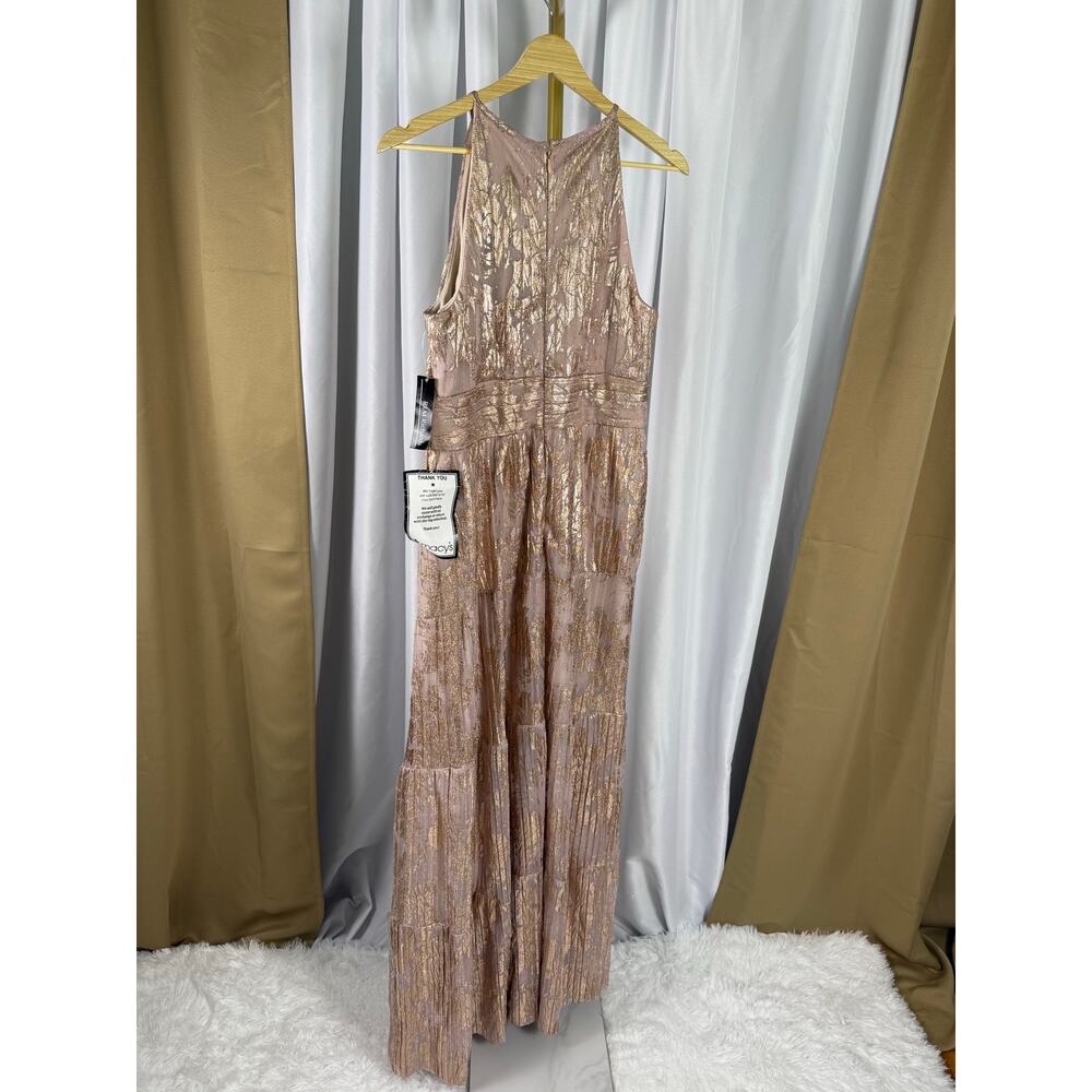 R&M Richards Foil Print Tiered Halter Evening Gown Rose Gold Size 6 NWT - Picture 3 of 5